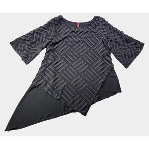 IC Connie K Black Asymmetrical Textured Chiffon Stripe Blouse Flutter Sleeve - S